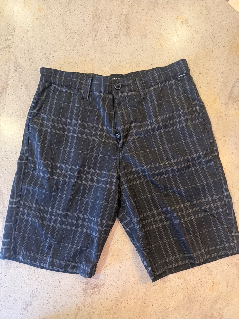 Quiksilver Men's Dark Gray and Blue Plaid Flat Front Shorts